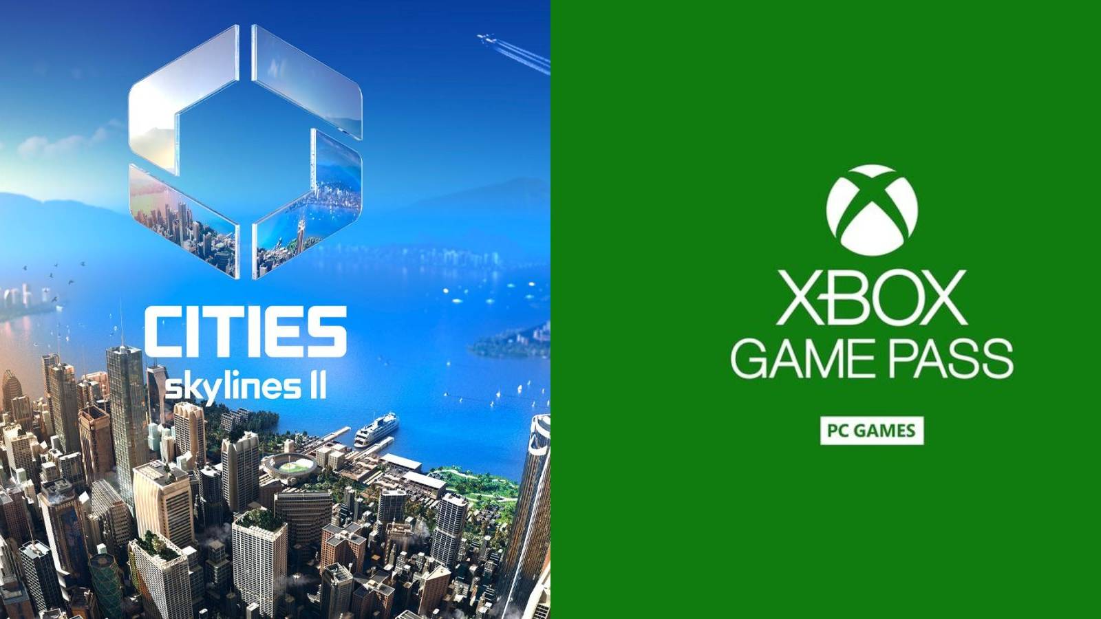 image showing cities skylines 2 cover next to xbox game pass pc logo.