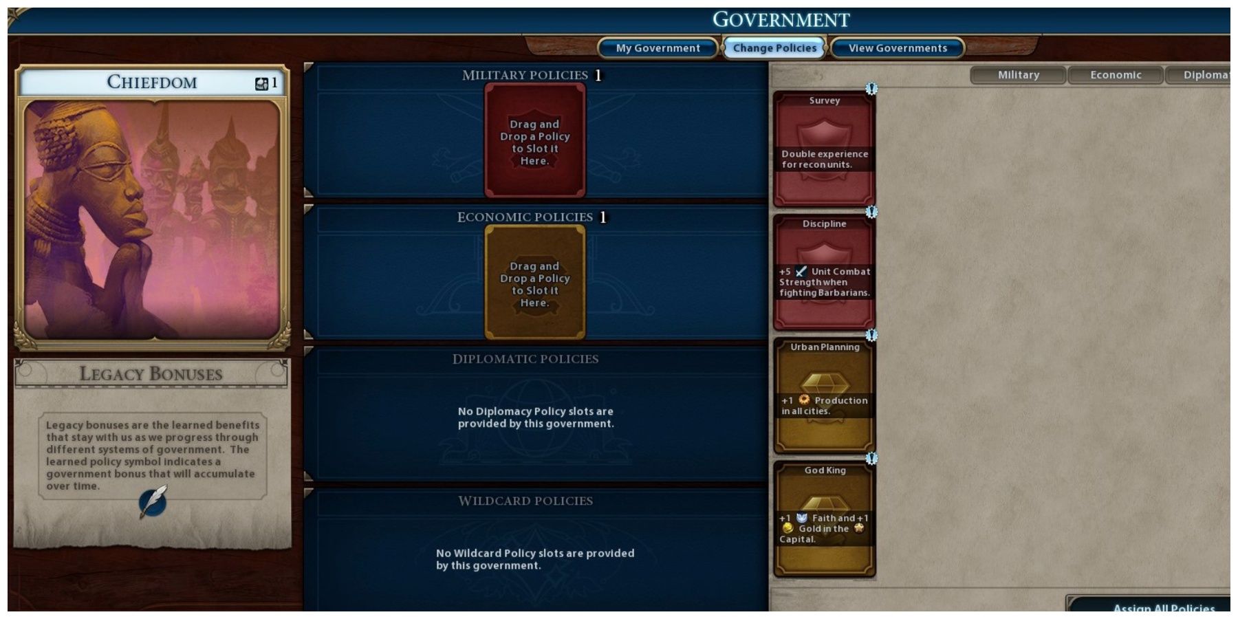 The government screen of Chiefdom in Civilization 6