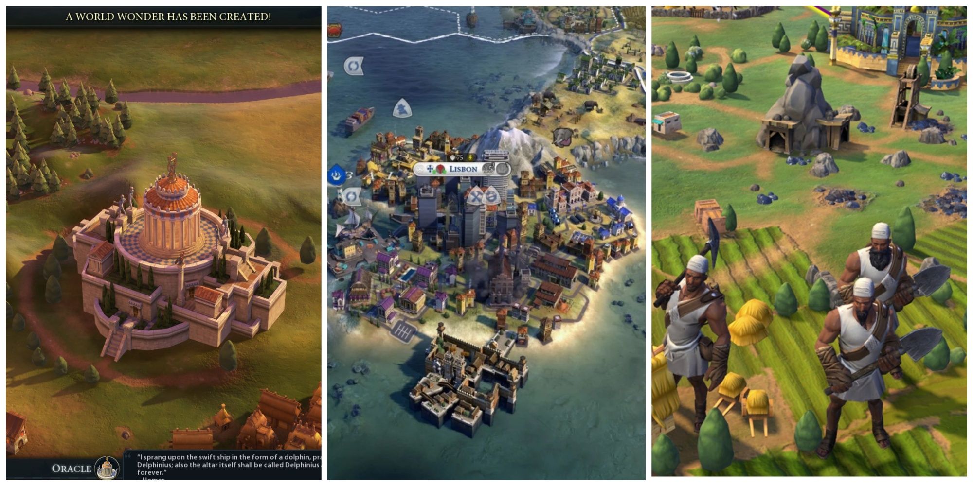 A trisplit of The Oracle, Lisbon and the builders in Civilization 6