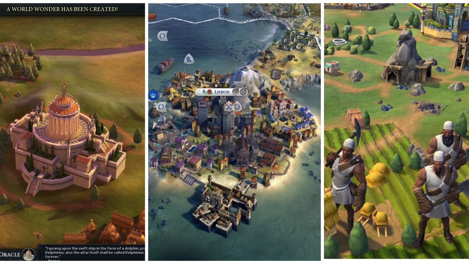 A trisplit of The Oracle, Lisbon and the builders in Civilization 6
