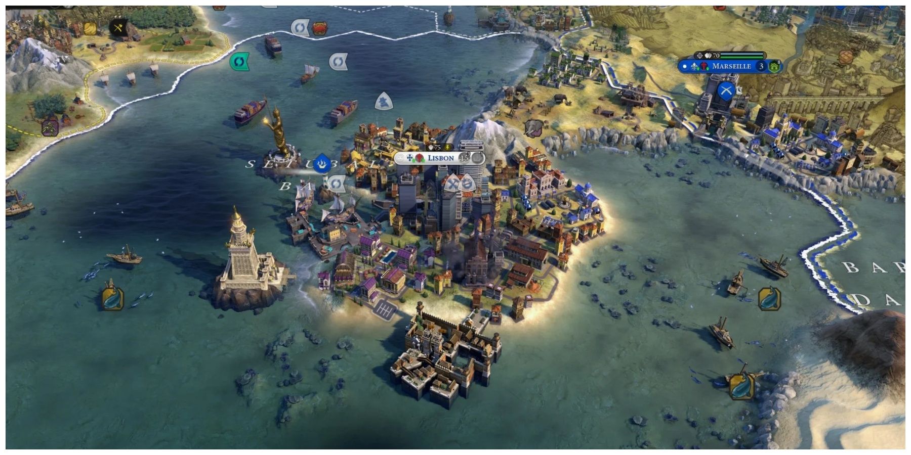 The isolated city of Lisbon, which is extremely well developed, in Civilization 6