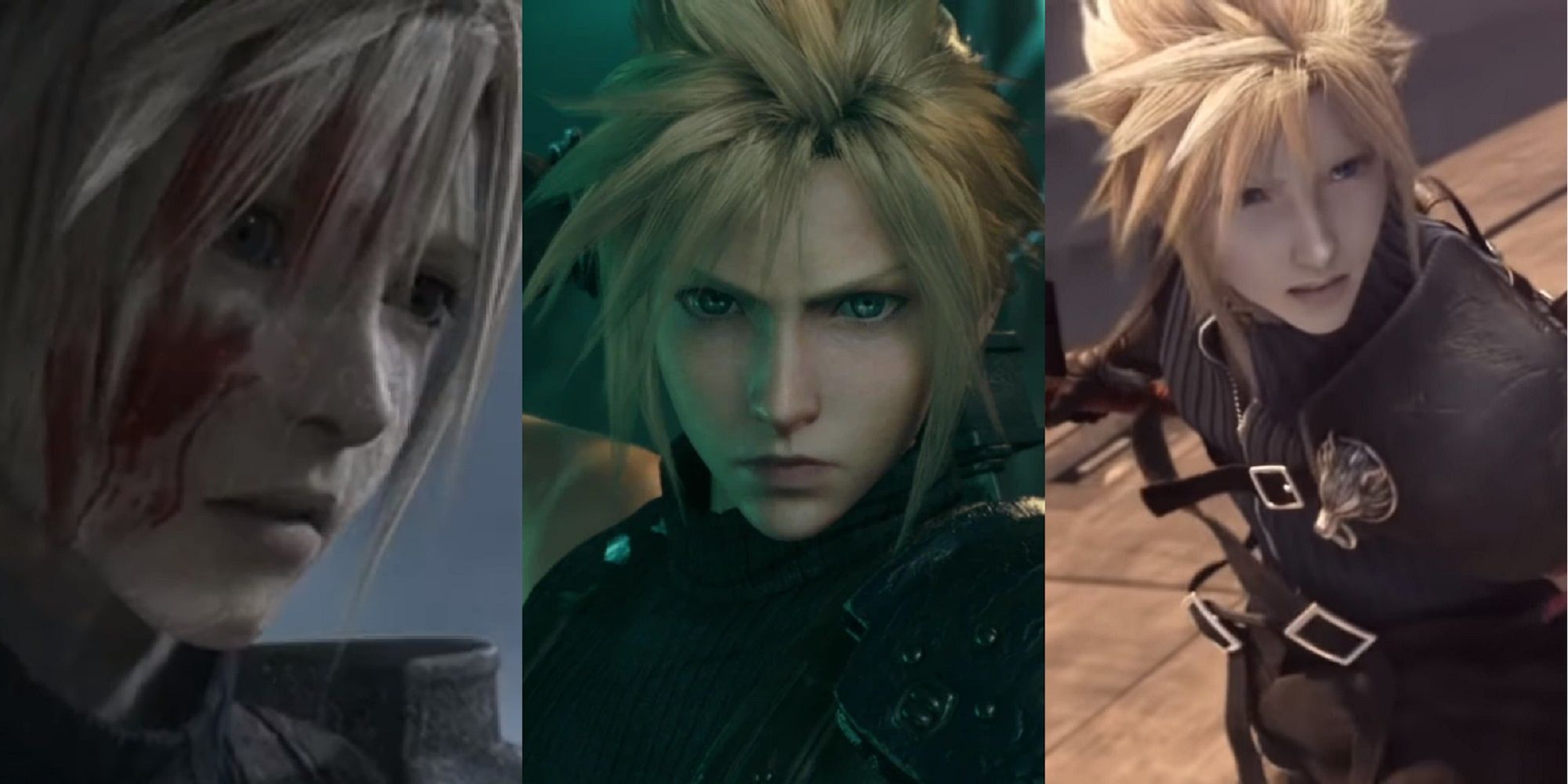 Split image of Cloud mourning Zack's Death in the original Crisis Core: Final Fantasy 7, his debut in the Final Fantasy 7 Remake, and a distressed Cloud fighting Sephiroth in Advent Children.