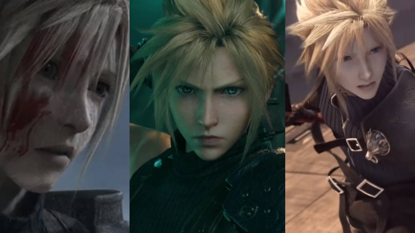 Split image of Cloud mourning Zack's Death in the original Crisis Core: Final Fantasy 7, his debut in the Final Fantasy 7 Remake, and a distressed Cloud fighting Sephiroth in Advent Children.