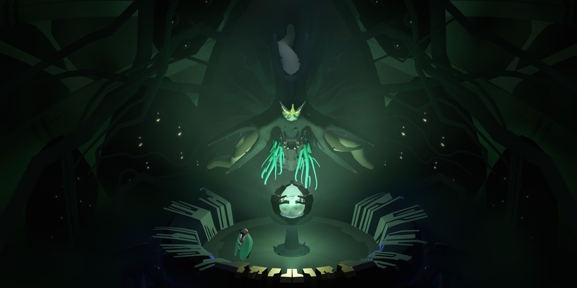 A small bug with wings stands next to a green orb that is glowing, revealing a much larger bug in Cocoon