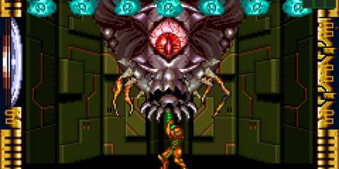 Samus Aran fighting the Phantoon in Super Metroid