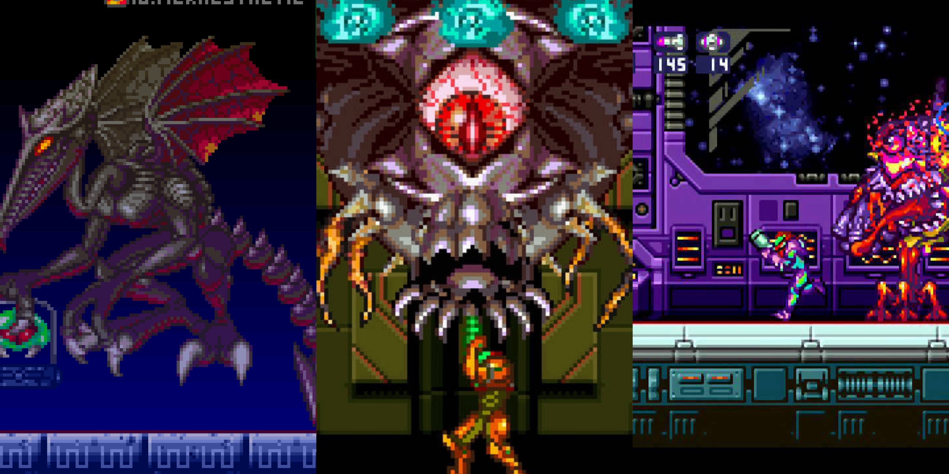 Difficult Metroid boss fights: Ridley in Super Metroid (left), Phantoon in Super Metroid (middle), and SA-X in Metroid Fusion (right)