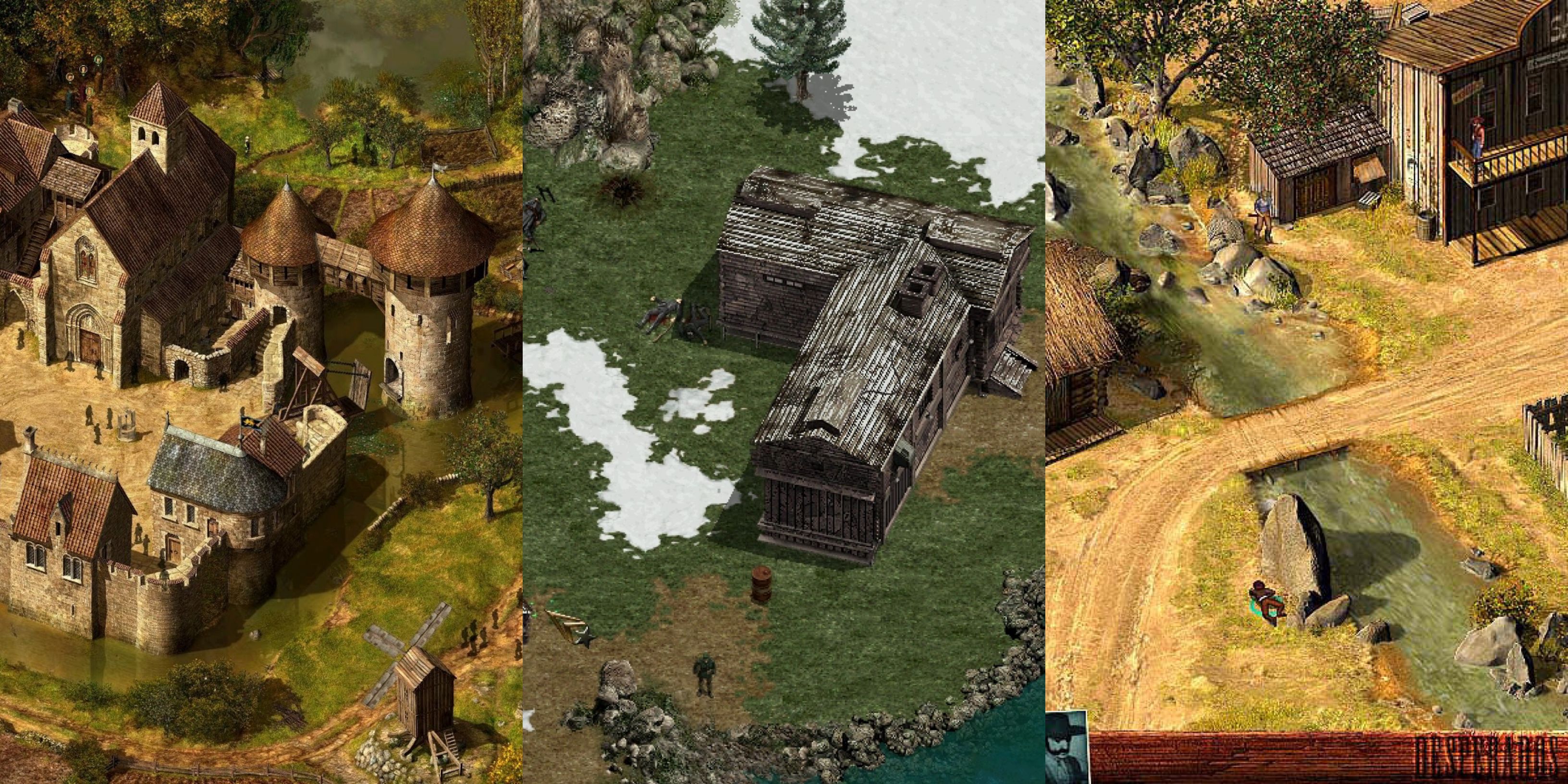 Great RTS Stealth Games: Robin Hood: The Legend of Sherwood (left), Commandos: Behind Enemy Lines (middle), and Desperados: Wanted Dead Or Alive (right)
