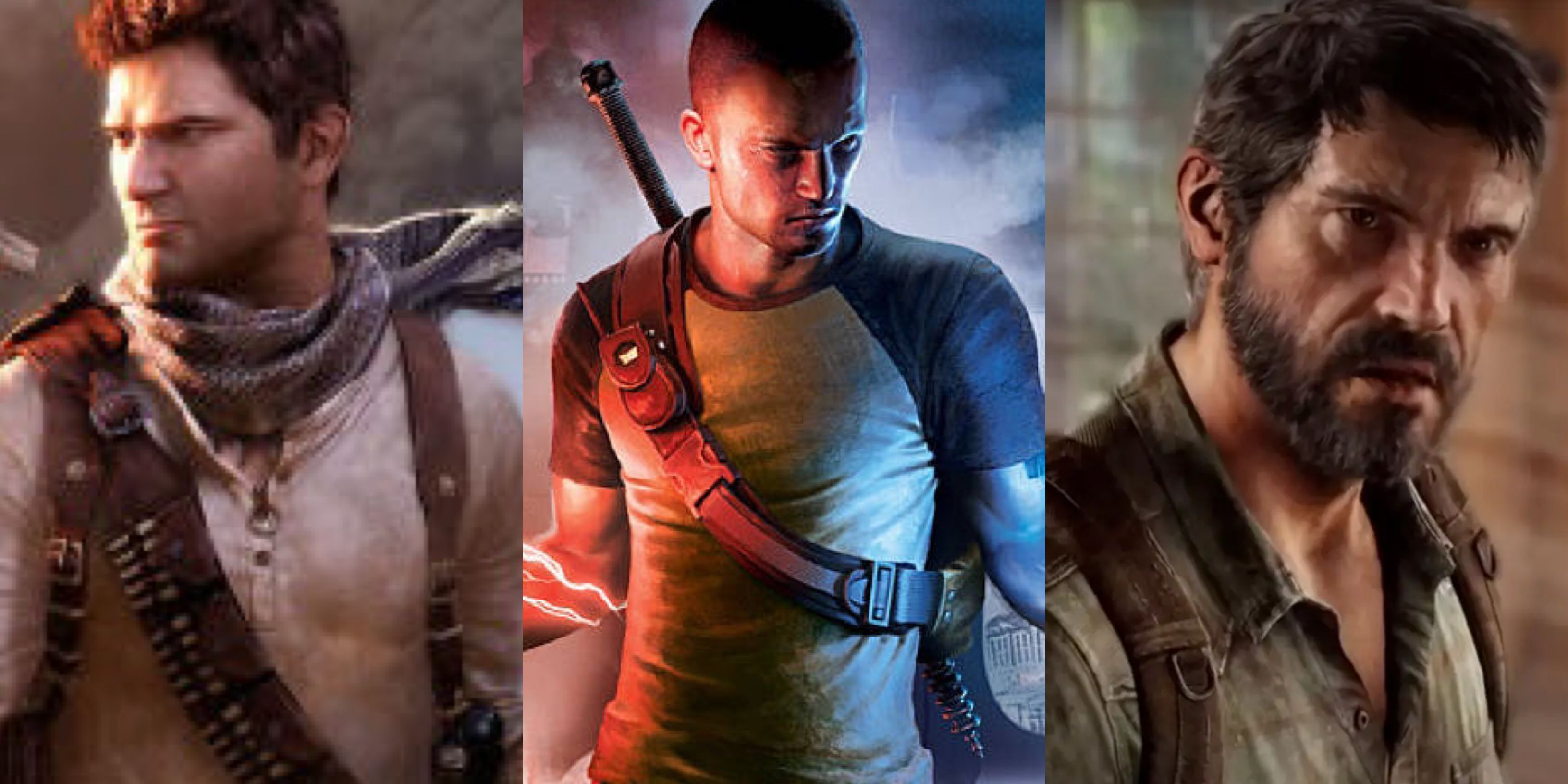 Great Characters That Debuted On The PS3: Nathan Drake from the Uncharted series (left), Cole MacGrath from the Infamous series (middle), and Joel Miller from The Last of Us (right)