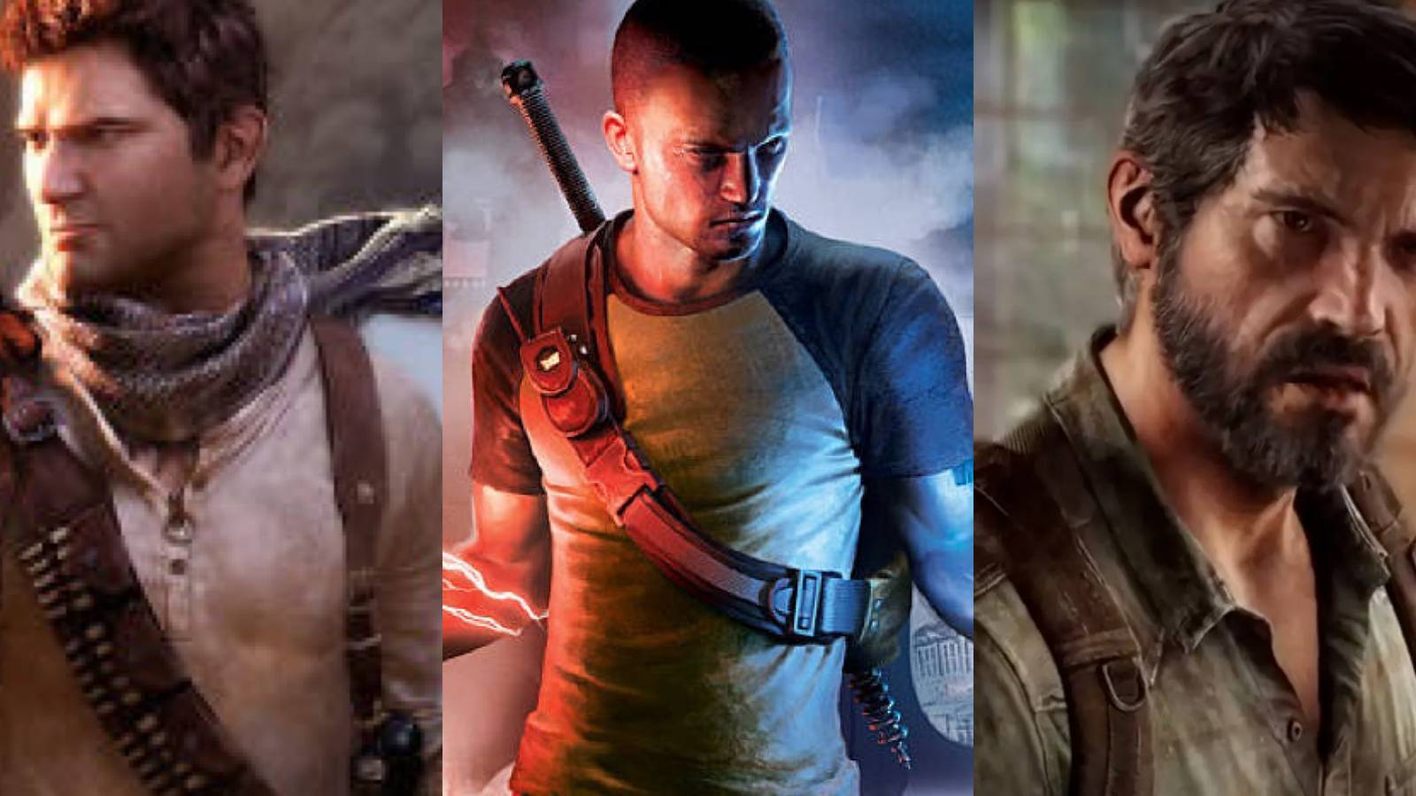 Great Characters That Debuted On The PS3: Nathan Drake from the Uncharted series (left), Cole MacGrath from the Infamous series (middle), and Joel Miller from The Last of Us (right)