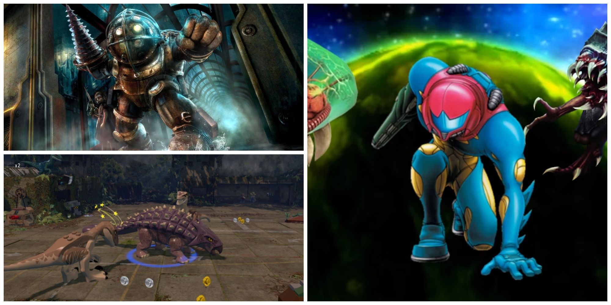 Top-Left: A Big Daddy from BioShock. Bottom-Left: Two dinosaurs from Jurassic World. Right: Samus in her blue Fusion Suit from Metroid Fusion.