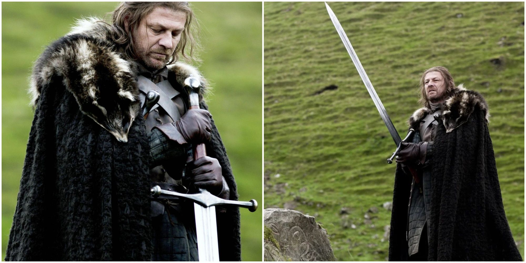 Ned Stark wields the Valyrian Steel Greatsword Ice in Game of Thrones.