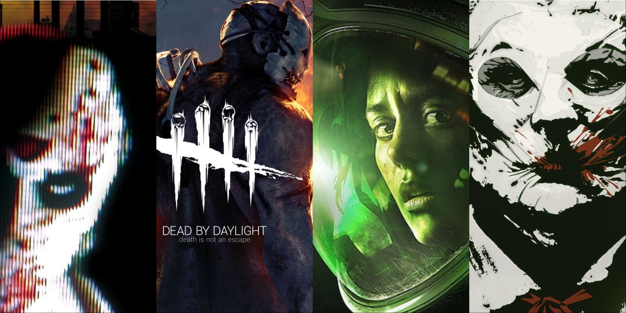 Stealth horror titles Manhunt, Dead By Daylight, Alien Isolation, The Outlast Trials from left to right