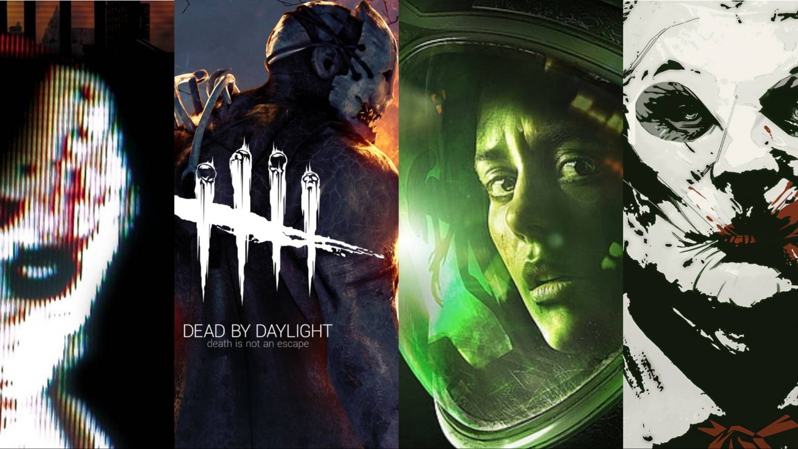 Stealth horror titles Manhunt, Dead By Daylight, Alien Isolation, The Outlast Trials from left to right