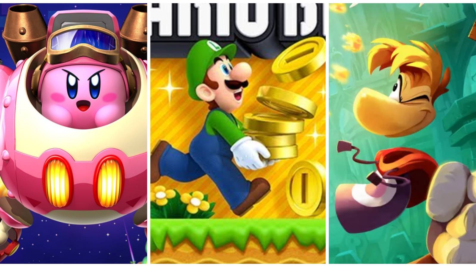 kirby: planet robobot, luigi in new super mario bros 2, rayman: origins