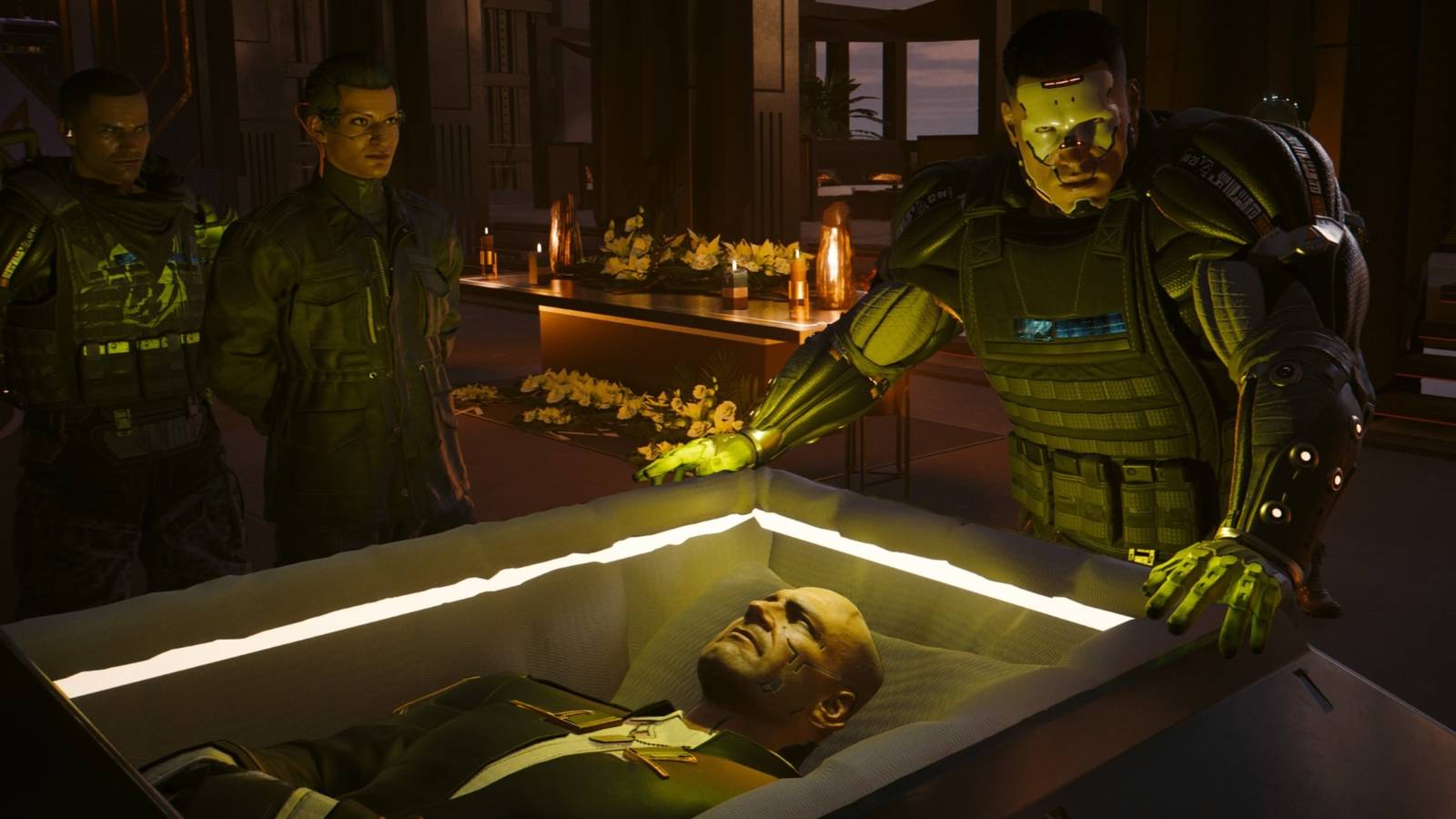 kurt hansen's wake, with jago and bennett watching V as Aguilar 