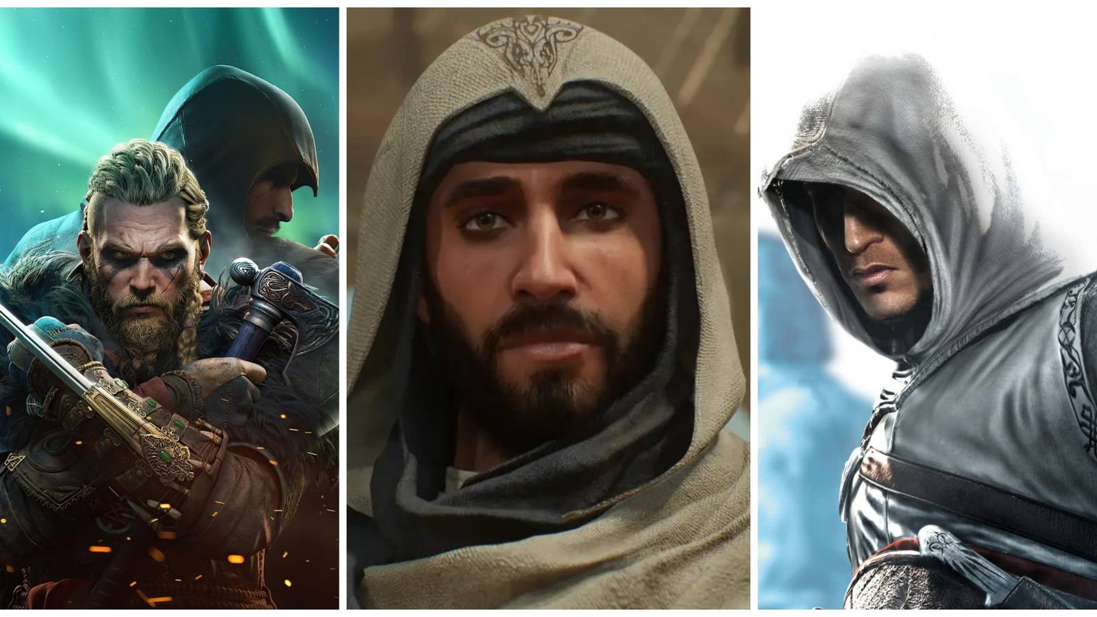 Assassin's Creed Mirage Basim Eivor and Altair