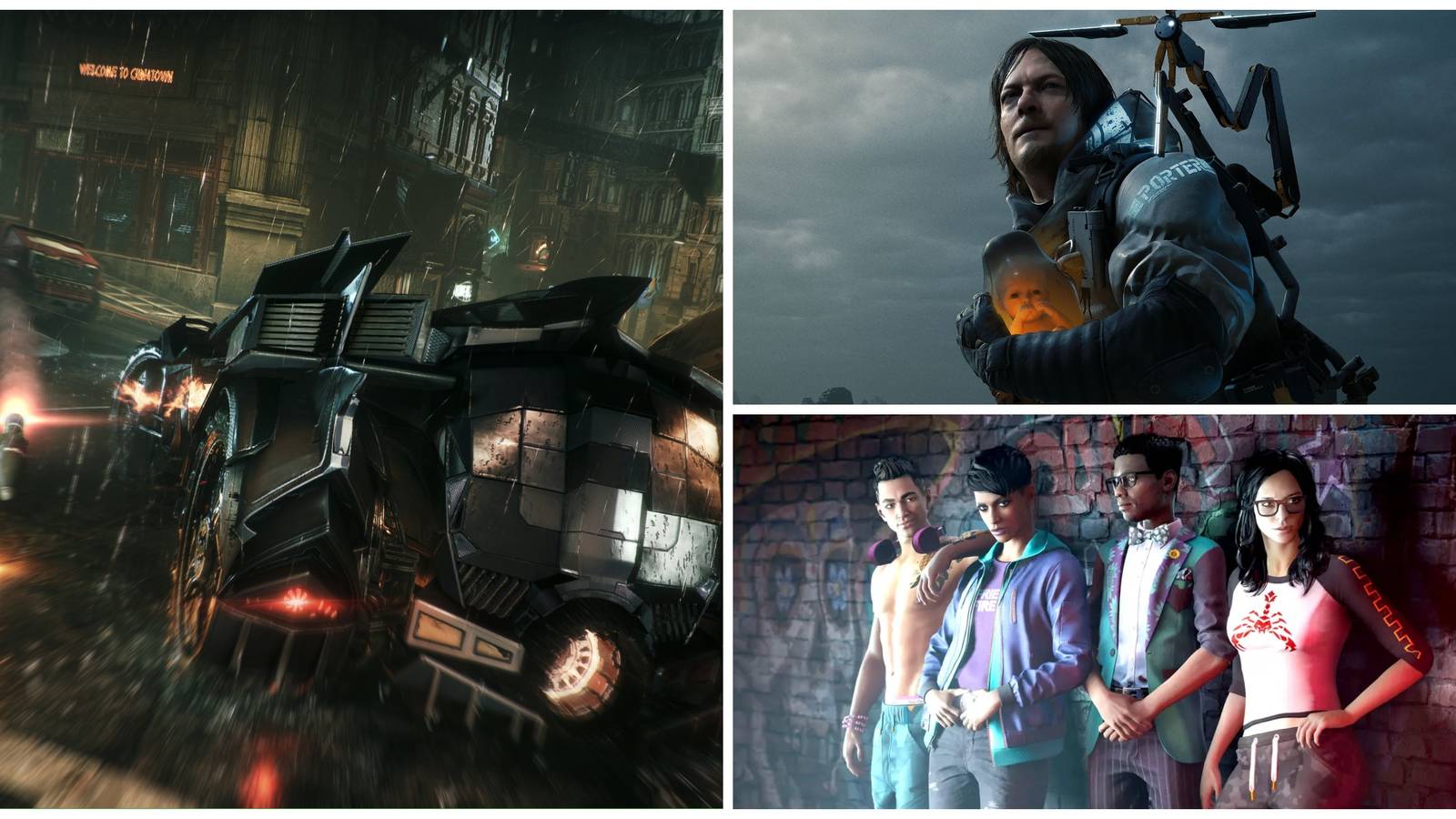 batmobile from arkham knight, saints row 2022 gang, death stranding sam