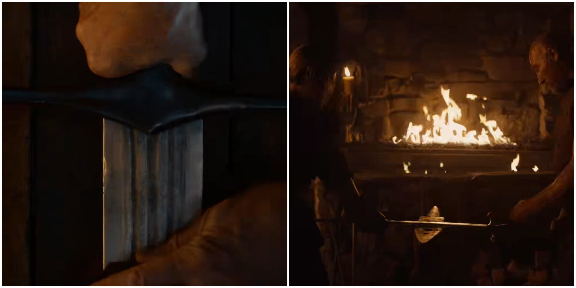 Split image of the reforging of Ice in Game of Thrones.