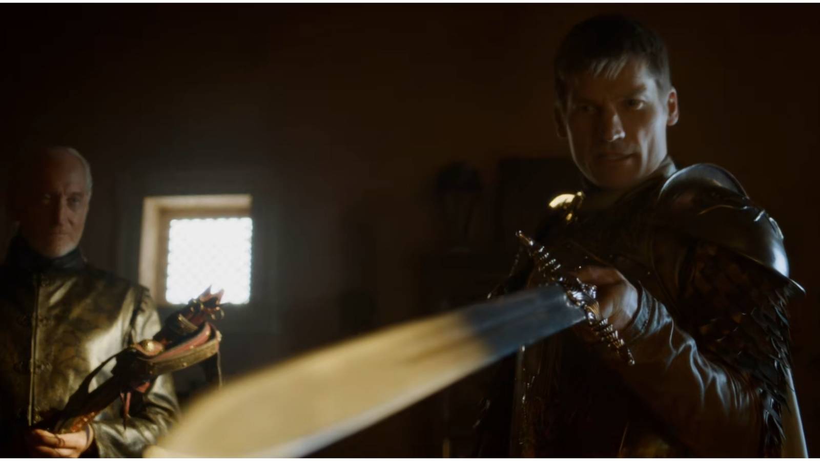 Tywin presents Oathkeeper (unnamed in the scene) to Jaime Lannister in Game of Thrones.