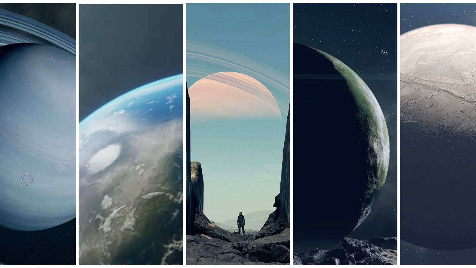 5 Starfield planets with character in the middle