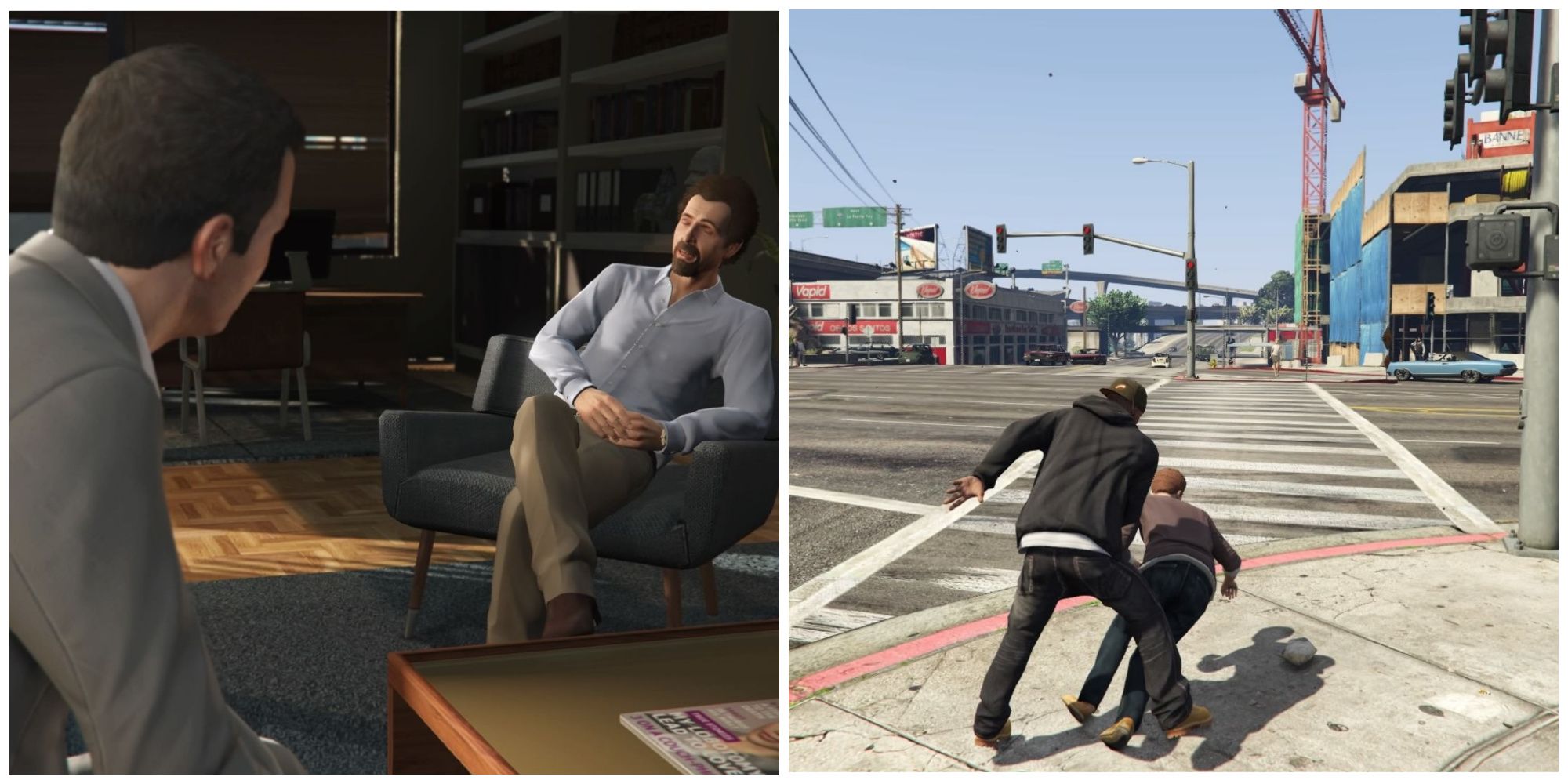 Micheal with therapist & Franklin attacking civilian