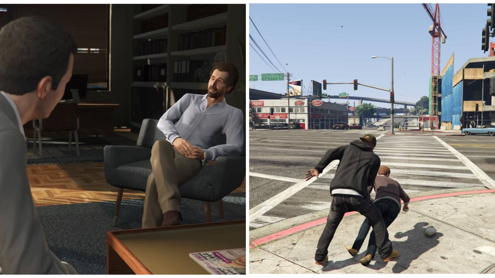 Micheal with therapist & Franklin attacking civilian
