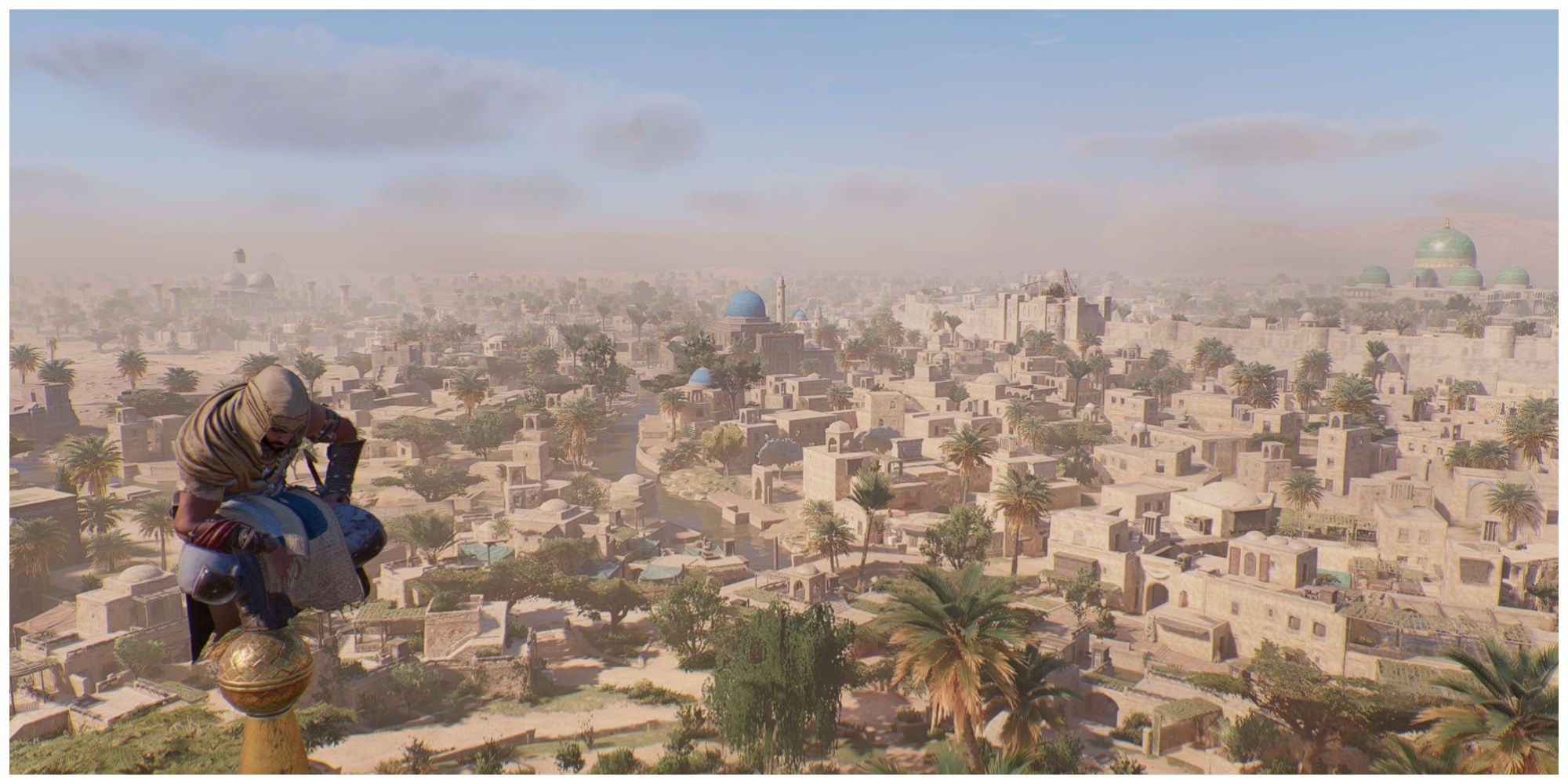 Assassin's Creed Mirage Basim on a viewpoint with a view of Baghdad