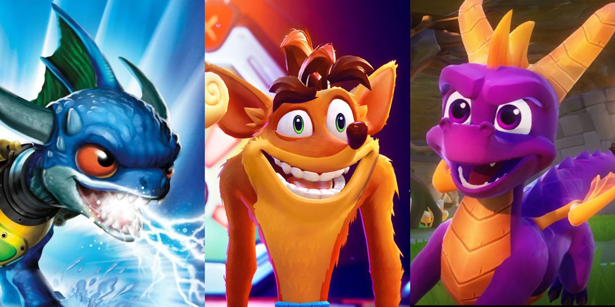 A Skylander, Crash Bandicoot, and Spyro the Dragon stand side-by-side in a collage
