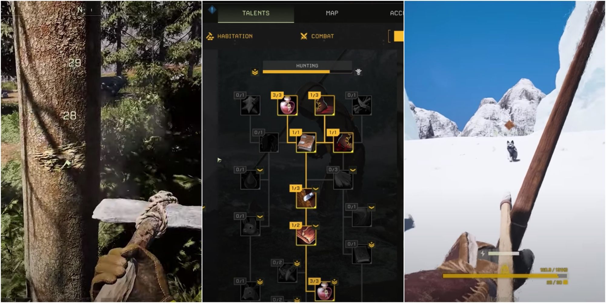 Axe Chopping Down A Tree, Tech Tree, And Bow Aiming At A Wolf