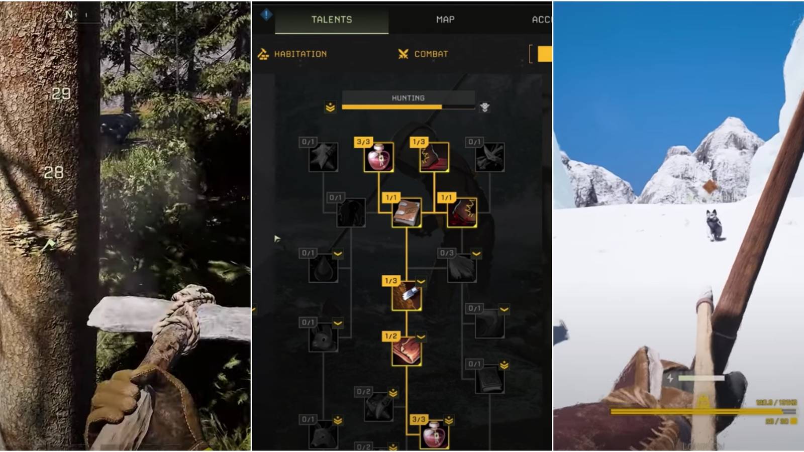 Axe Chopping Down A Tree, Tech Tree, And Bow Aiming At A Wolf