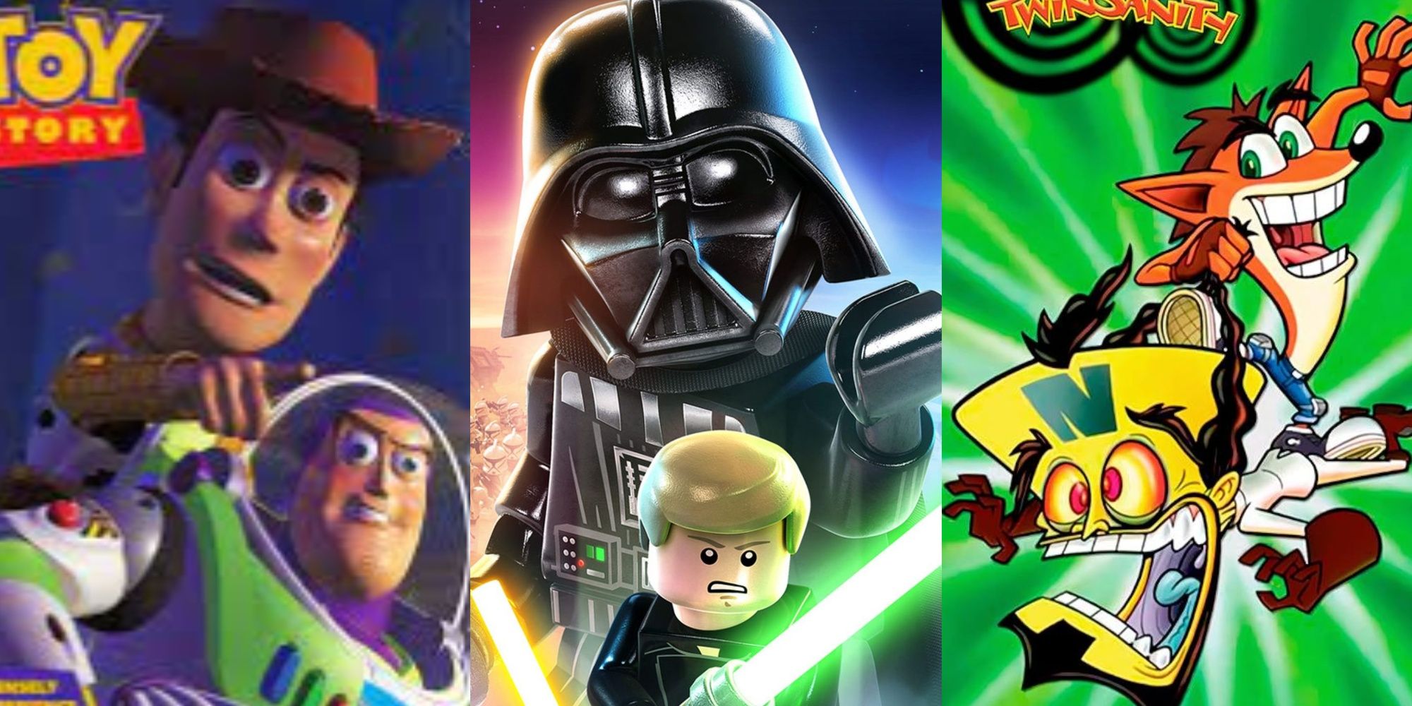 Woody, Buzz Lightyear, Darth Vader, Luke Skywalker, Crash Bandicoot, and Dr. Neo Cortex next to one another in a collage