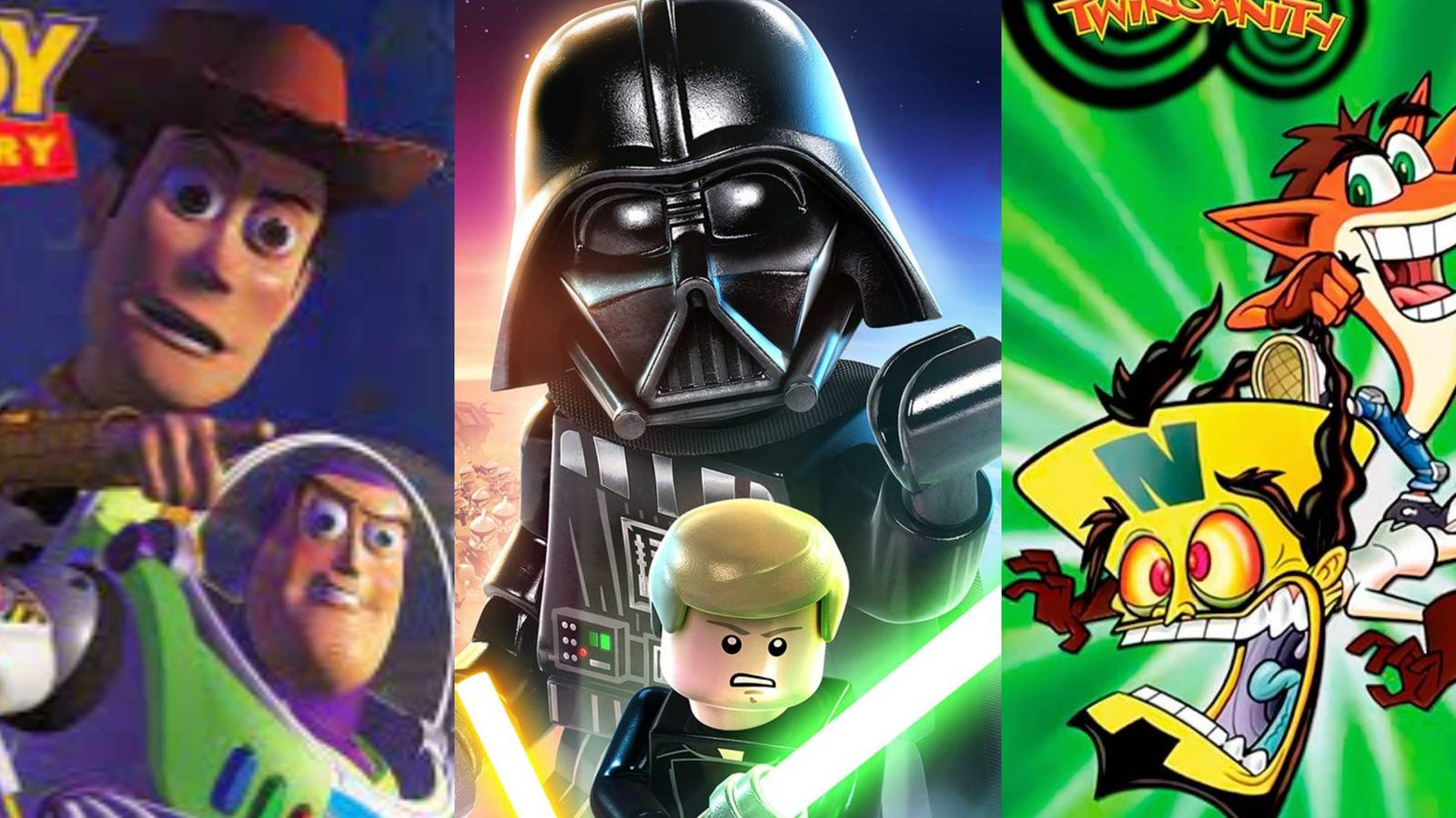 Woody, Buzz Lightyear, Darth Vader, Luke Skywalker, Crash Bandicoot, and Dr. Neo Cortex next to one another in a collage