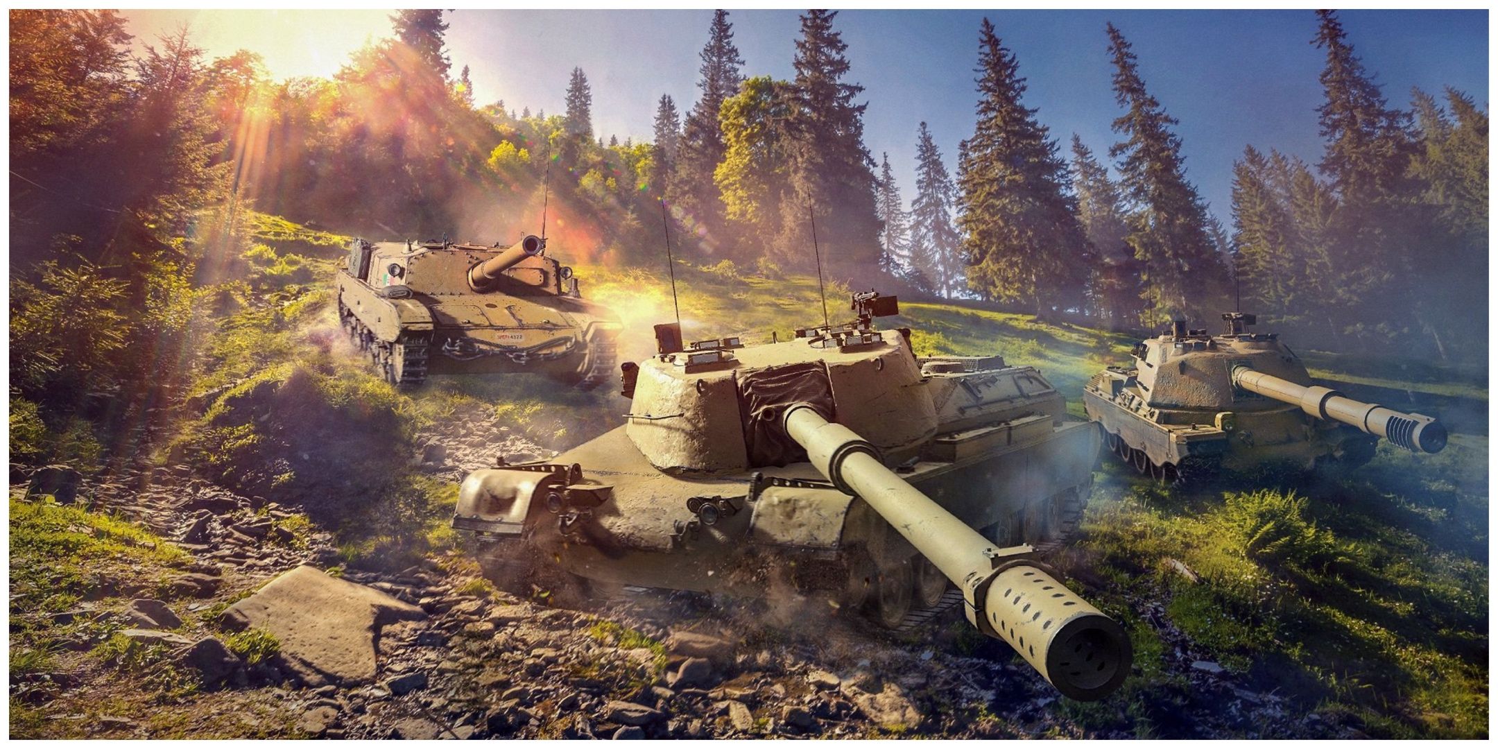 A closeup of three of the tanks available in World of Tanks against a forest background.