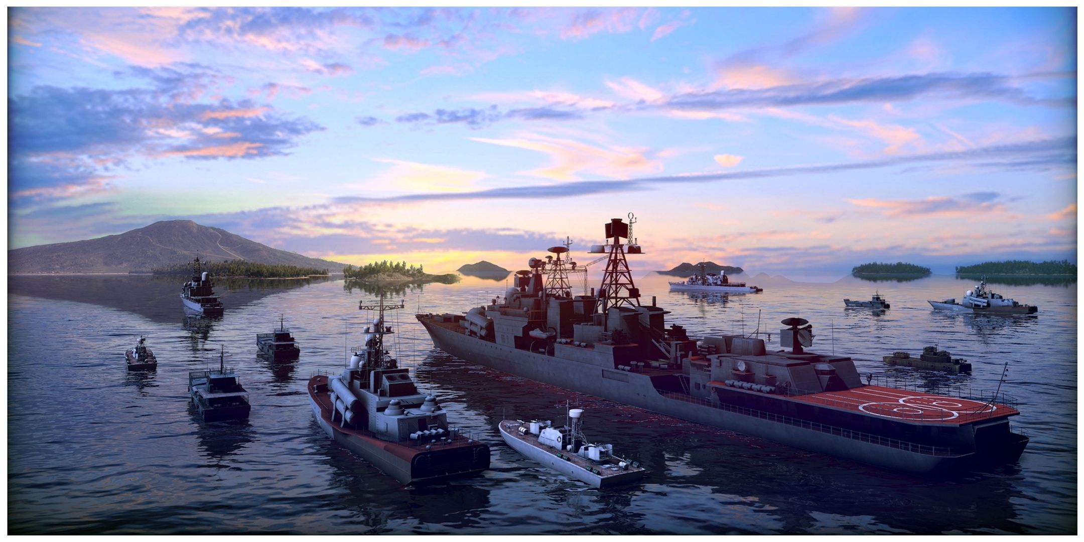 Cold War era naval units sailing towards a mountain as the sun sets