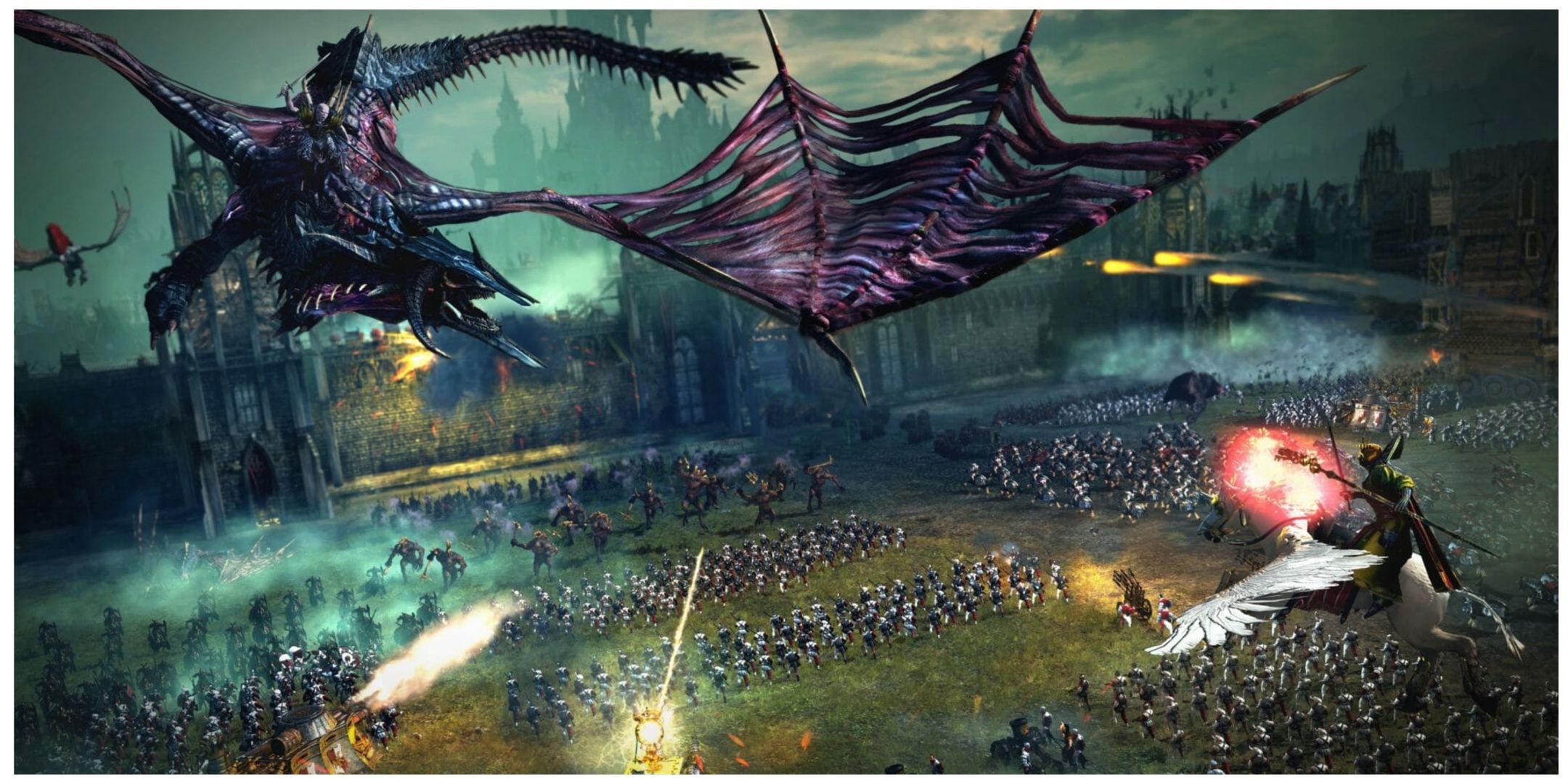 A purple dragon flying over an intense battle between huge armies