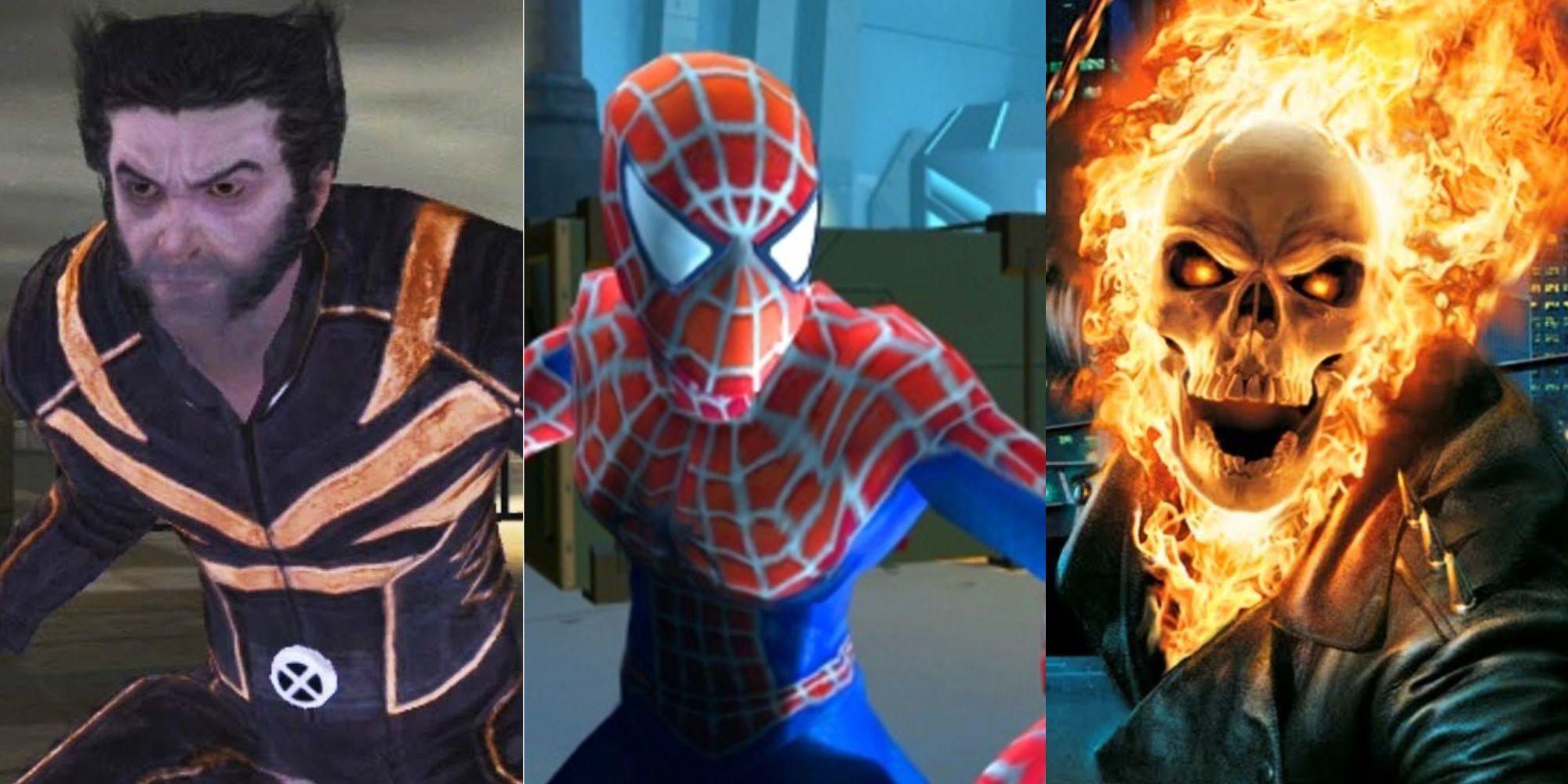 Wolverine, Spider-Man, and Ghost Rider stand next to one another in a collage