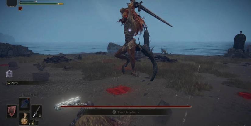 Leonine Misbegotten jumping with a sword in Elden Ring