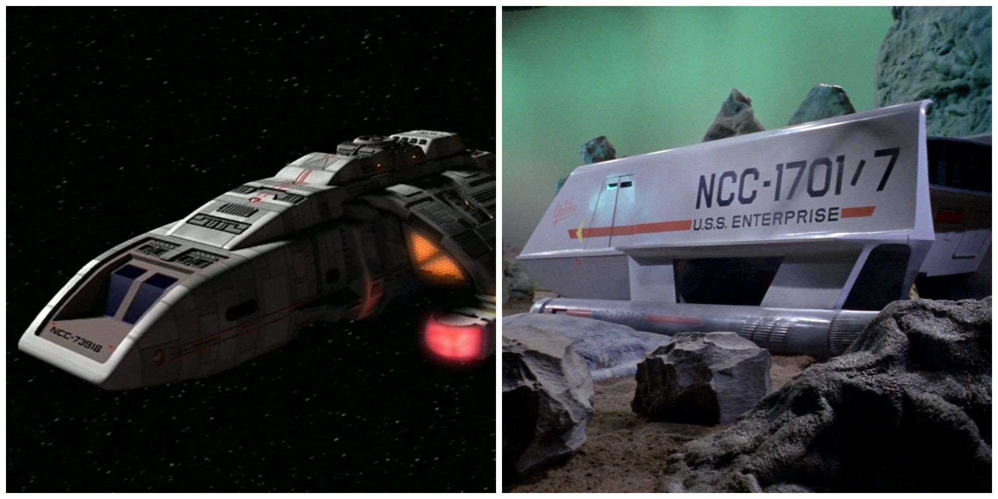 Split image showing a runabout and shuttle in Star Trek: Deep Space Nine and The Original Series, respectively.