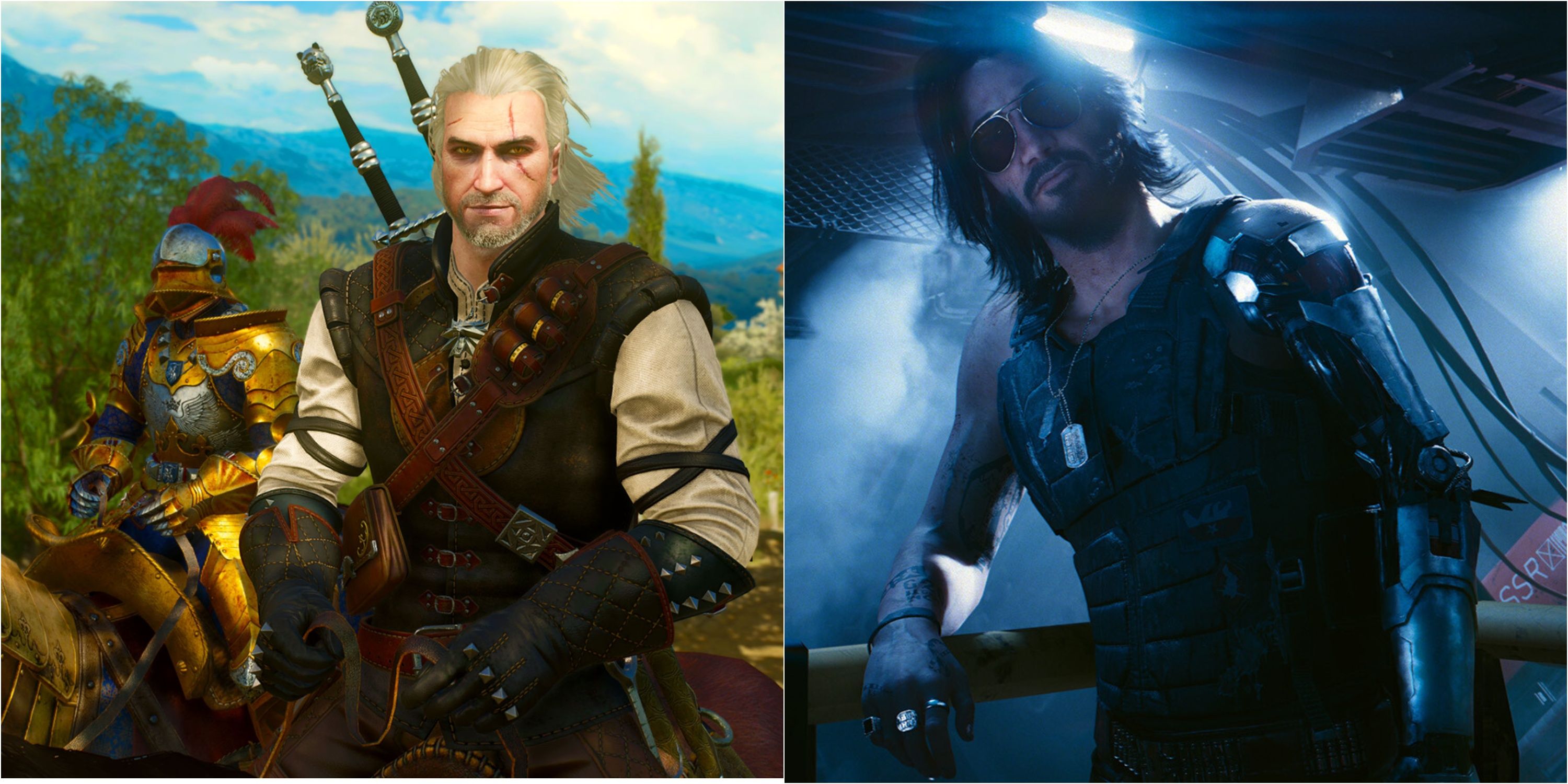 geralt of rivia in blood and wine, johnny silverhand in cyberpunk 2077 phantom liberty