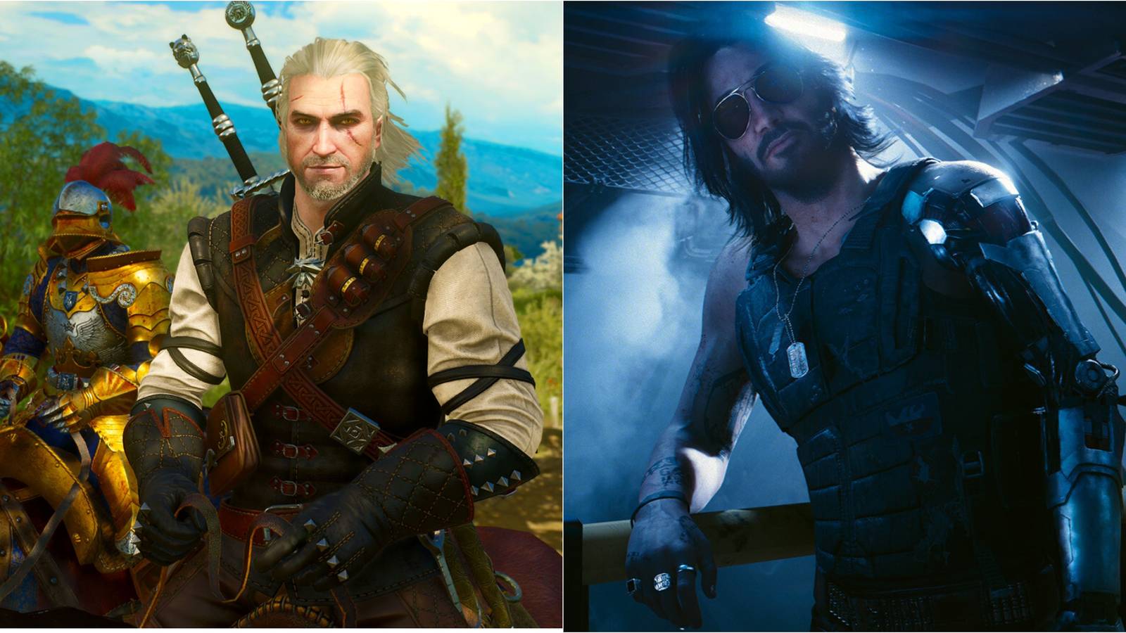 geralt of rivia in blood and wine, johnny silverhand in cyberpunk 2077 phantom liberty