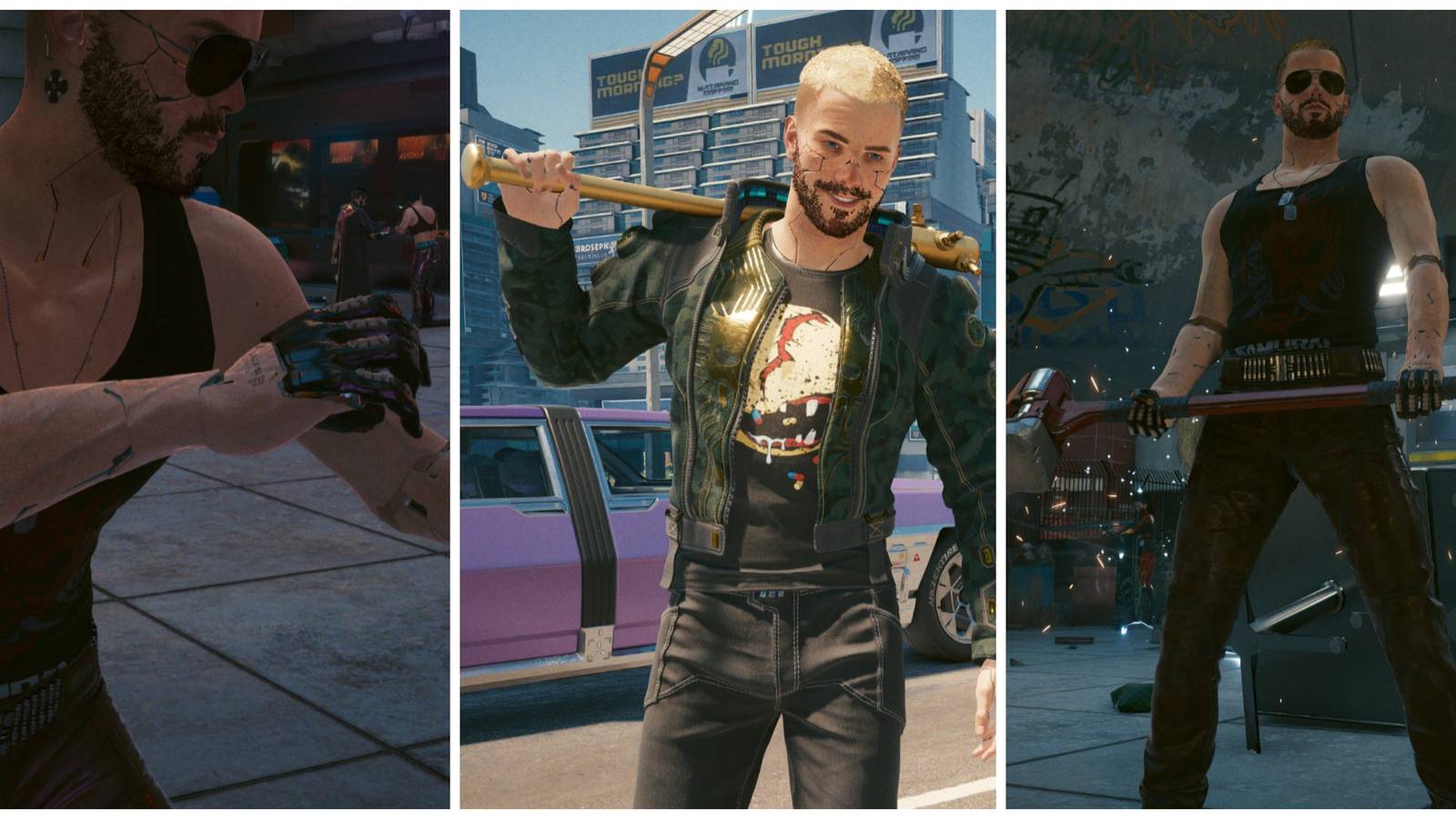 v with gorilla arms, sasquatch's hammer, and gold-plated baseball bat