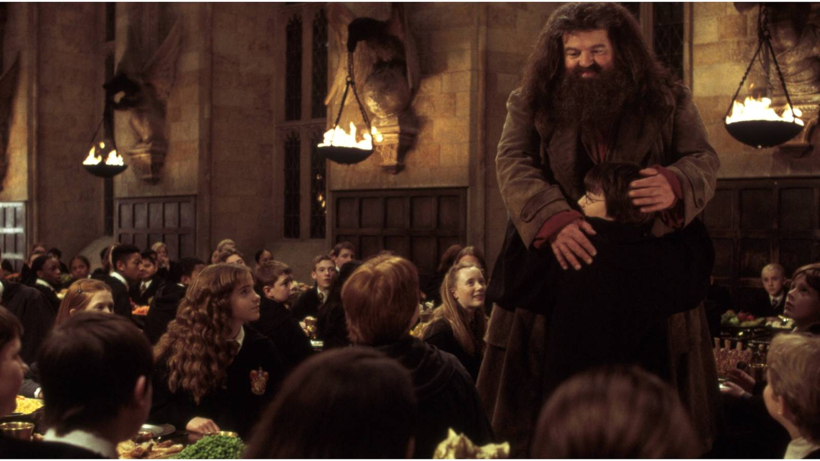Harry Potter hugs Hagrid in Harry Potter and the Chamber of Secrets.