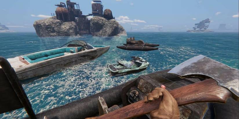Player holding an axe while looking at boats Sunkenland