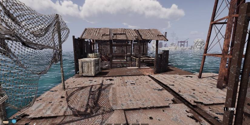 Metal shack in the ocean