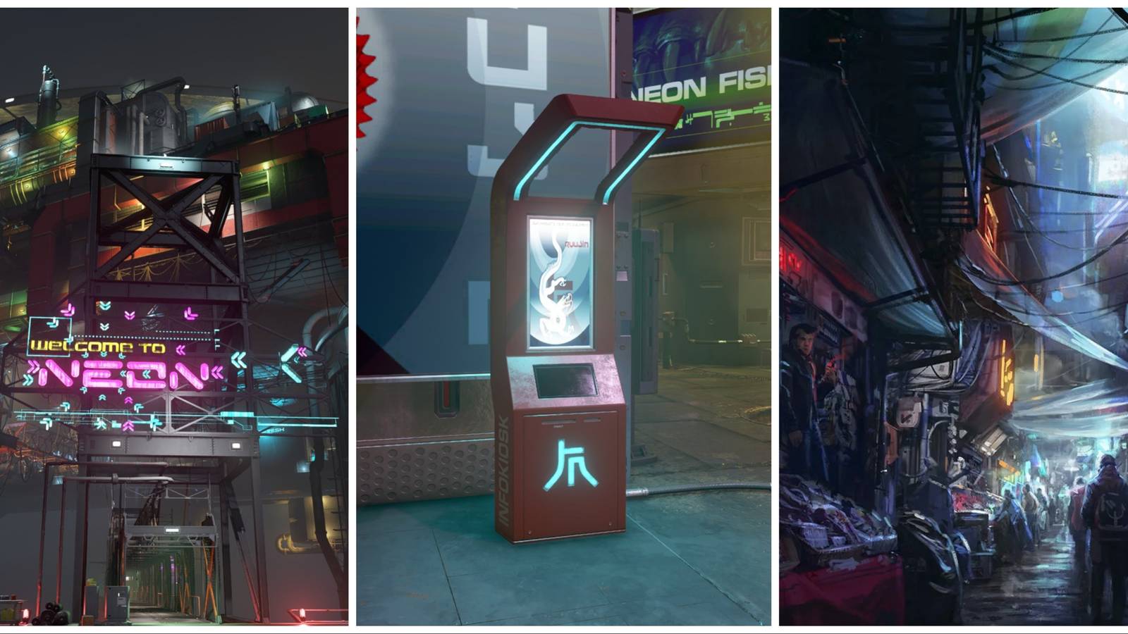 neon city ouside kiosk and art