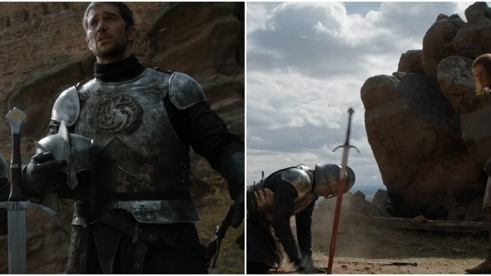Split image of Dawn Sword of the Morning Ser Arthur Dayne and Ned Stark in Game of Thrones.