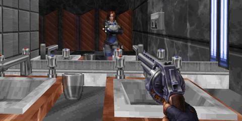 Shelly looking into a mirror in Ion Fury