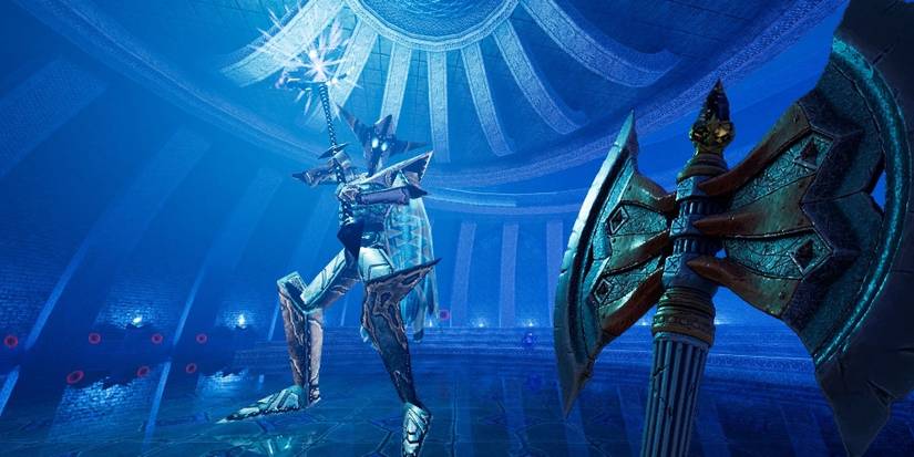 Facing off with an axe against a large enemy in Amid Evil