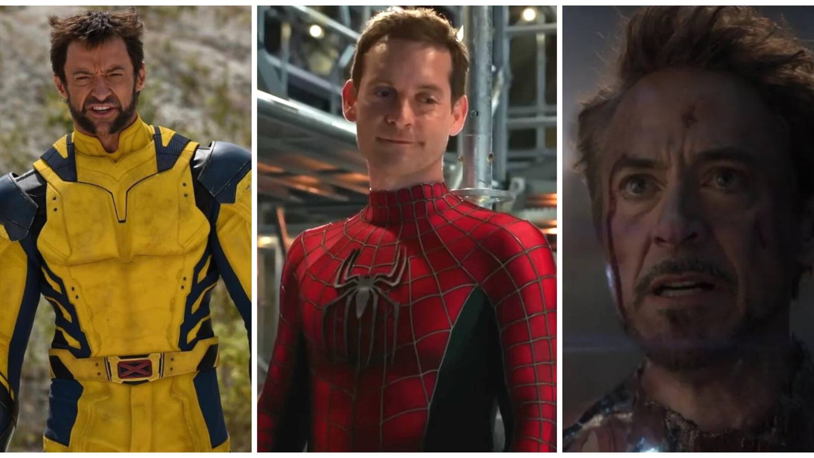 wolverine in deadpool 3, tobey maguire spider-man in no way home, robery downey jr as iron man in avengers endgame 