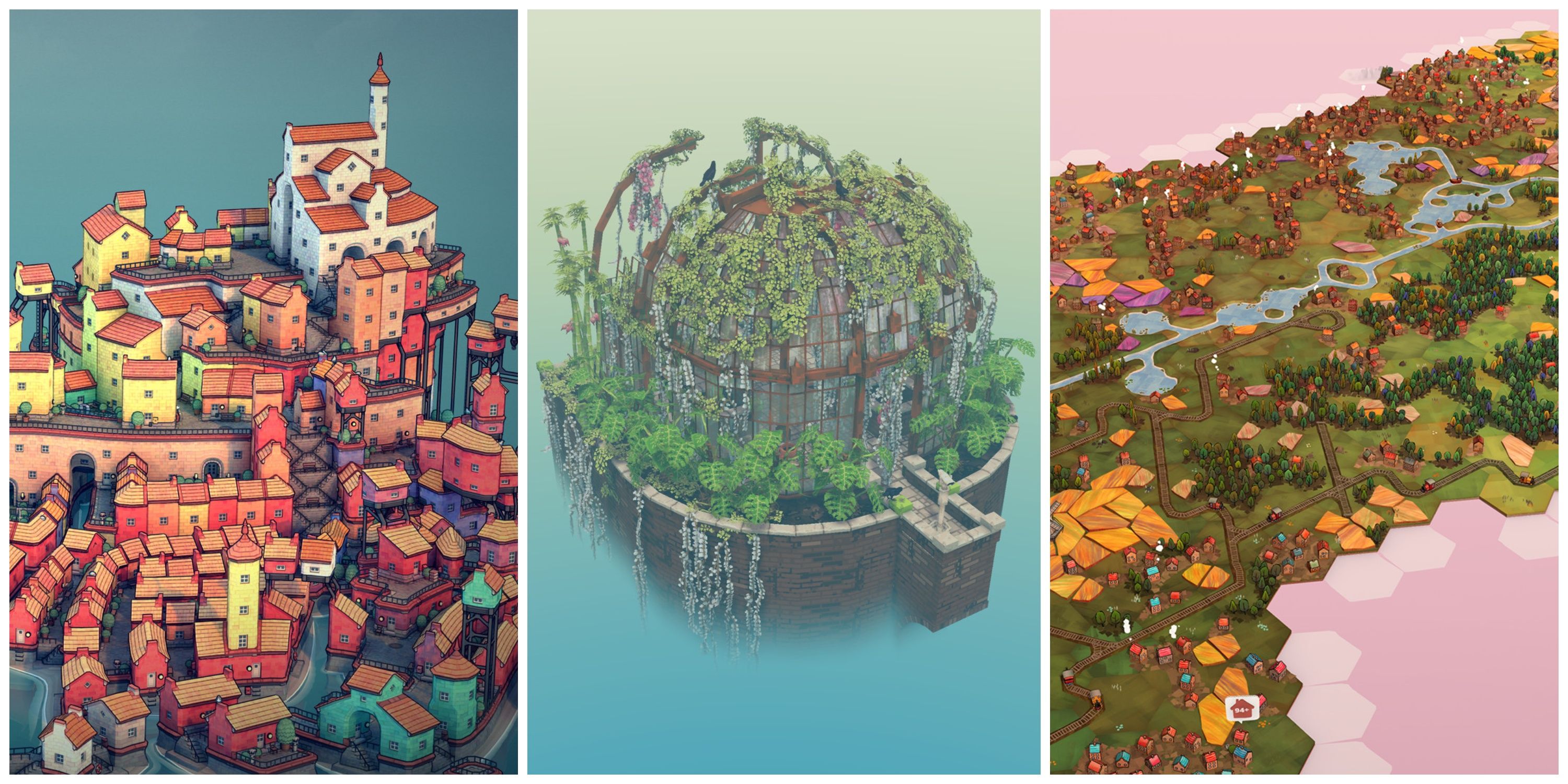 Best Minimalist Sandbox Games, Ranked (Featured Image) - Townscaper + Cloud Gardens + Dorfromantik